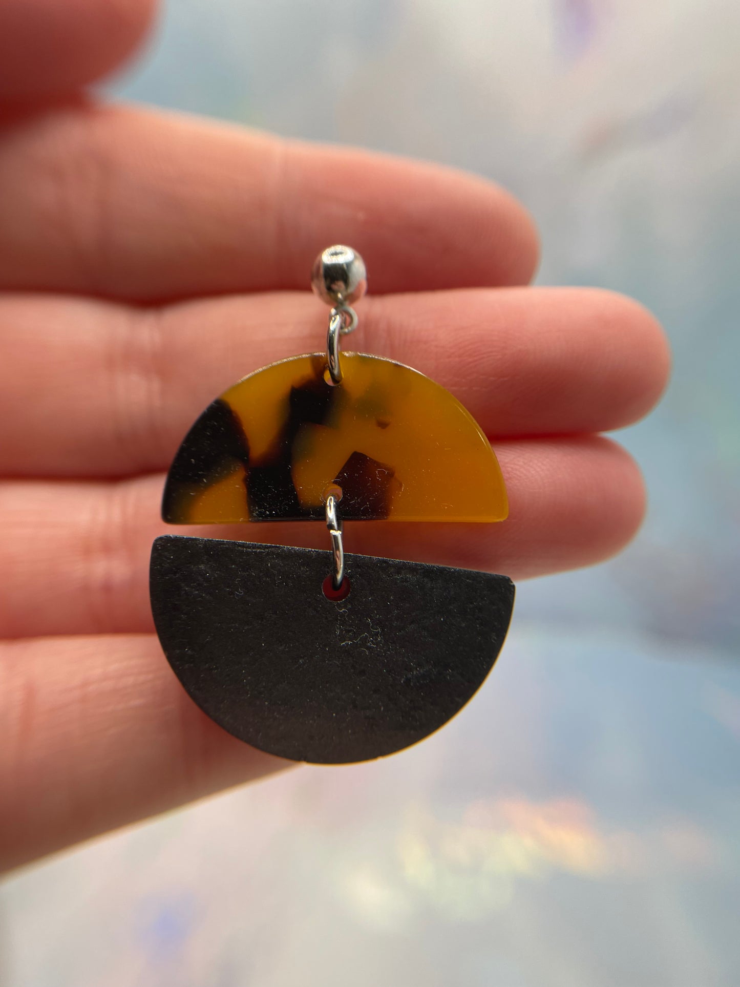 Tortoise Acrylic And Black Half Circle Earrings-Nickel Free+Stainless Steel