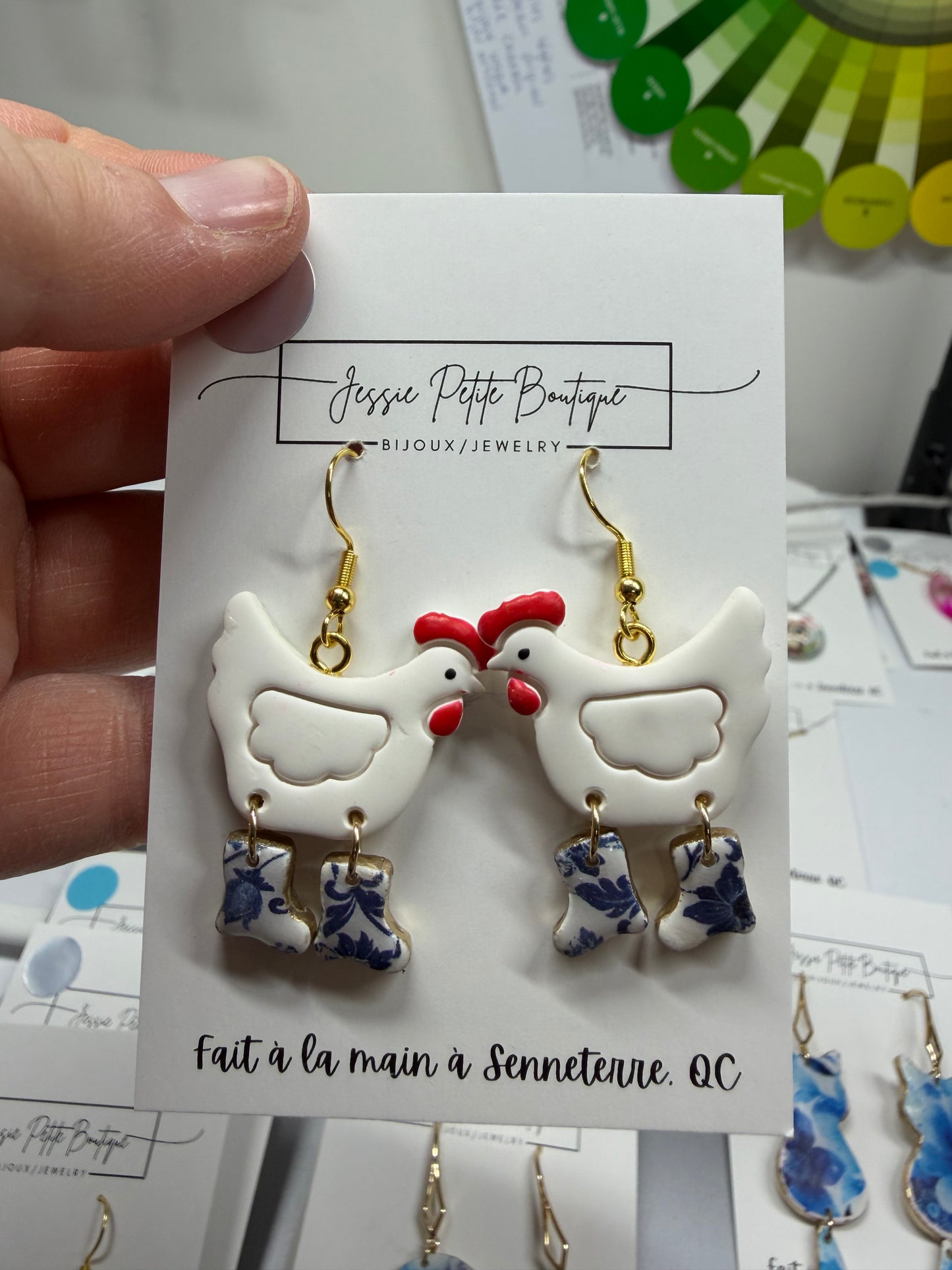 Chicken with Dangling Boots Polymer Clay Earrings