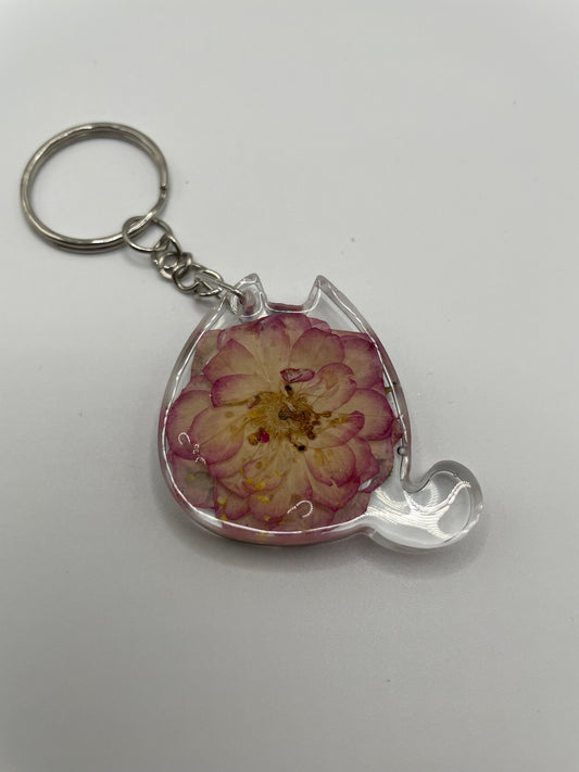 Keychain with a pink flower design on a white background