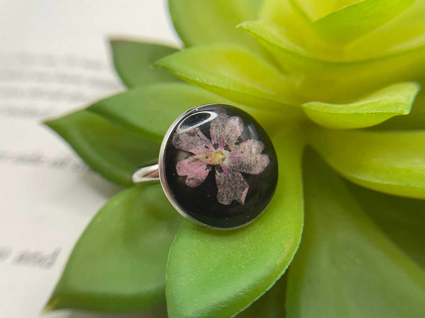 Floral on Black Resin Ring – Stainless Steel (Adjustable)