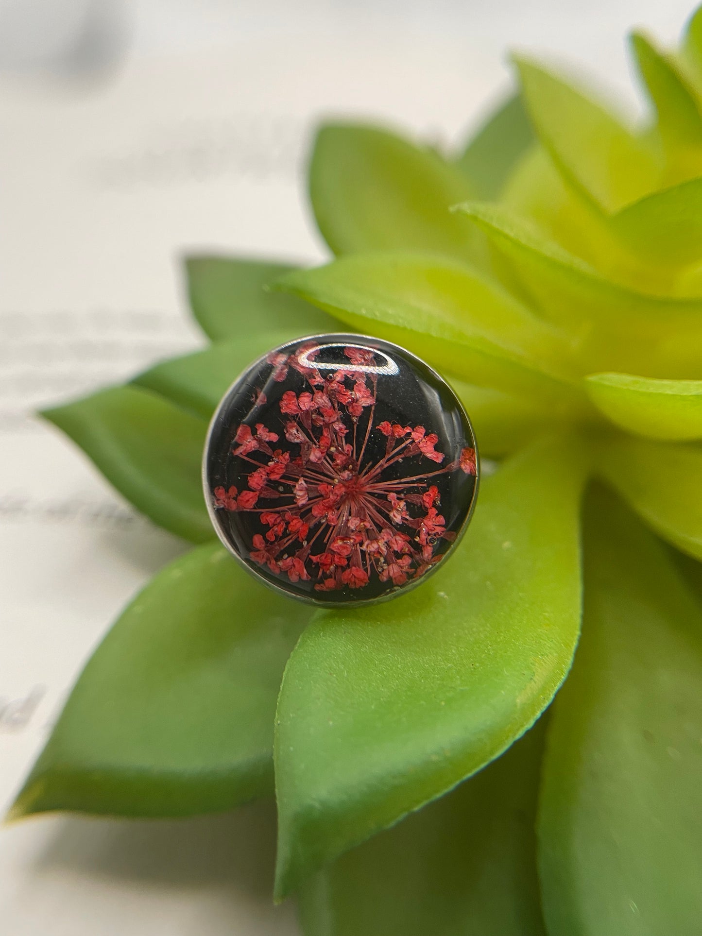 Floral on Black Resin Ring – Stainless Steel (Adjustable)
