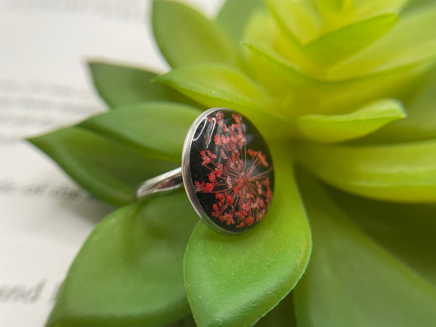 Floral on Black Resin Ring – Stainless Steel (Adjustable)