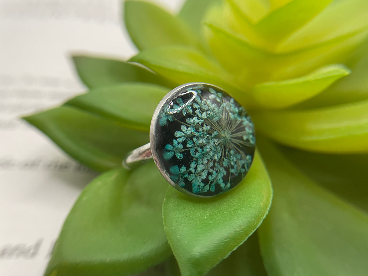 Floral on Black Resin Ring – Stainless Steel (Adjustable)