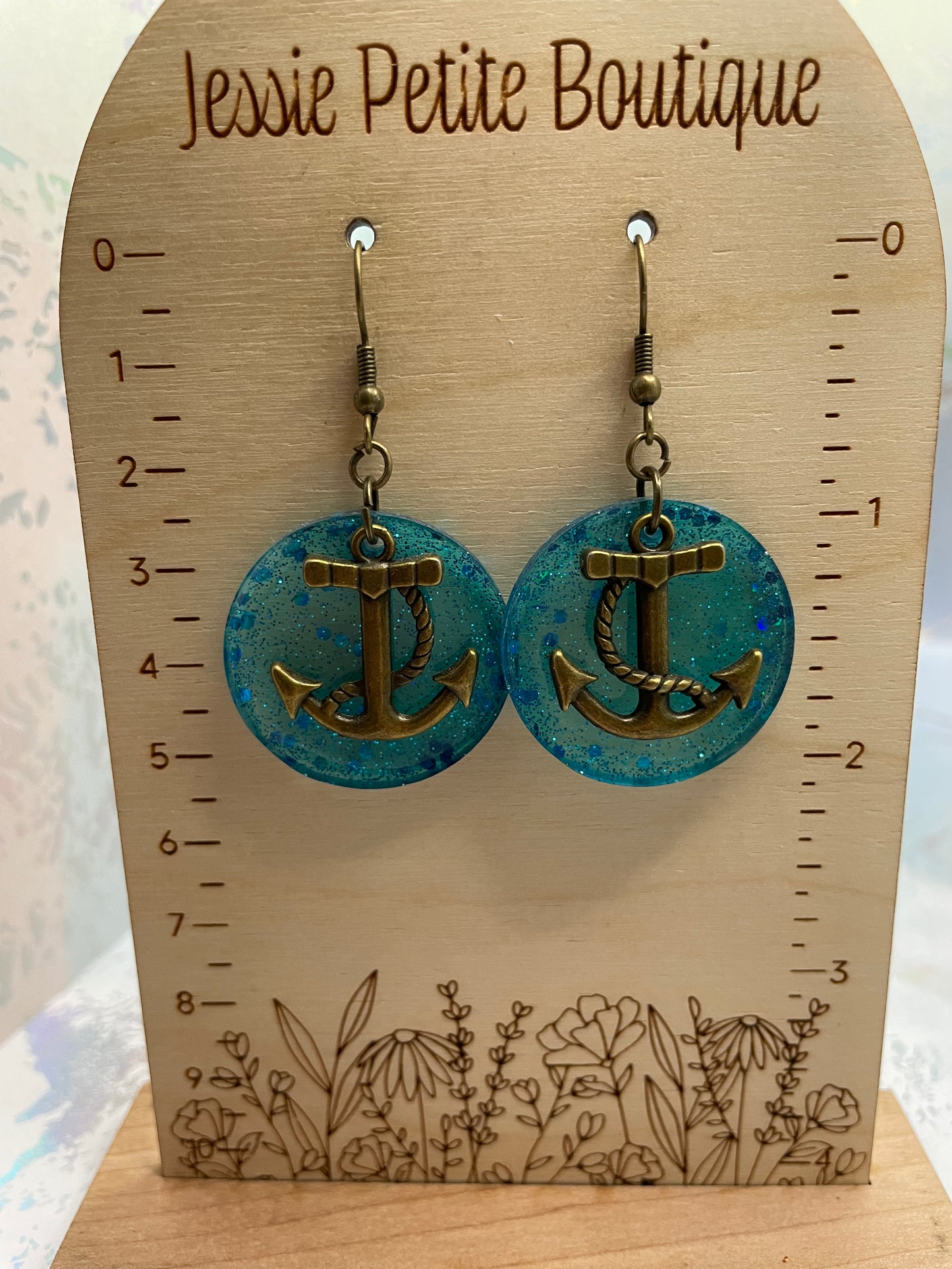 Bronze Anchor on Sparkly Blue Circle Earrings