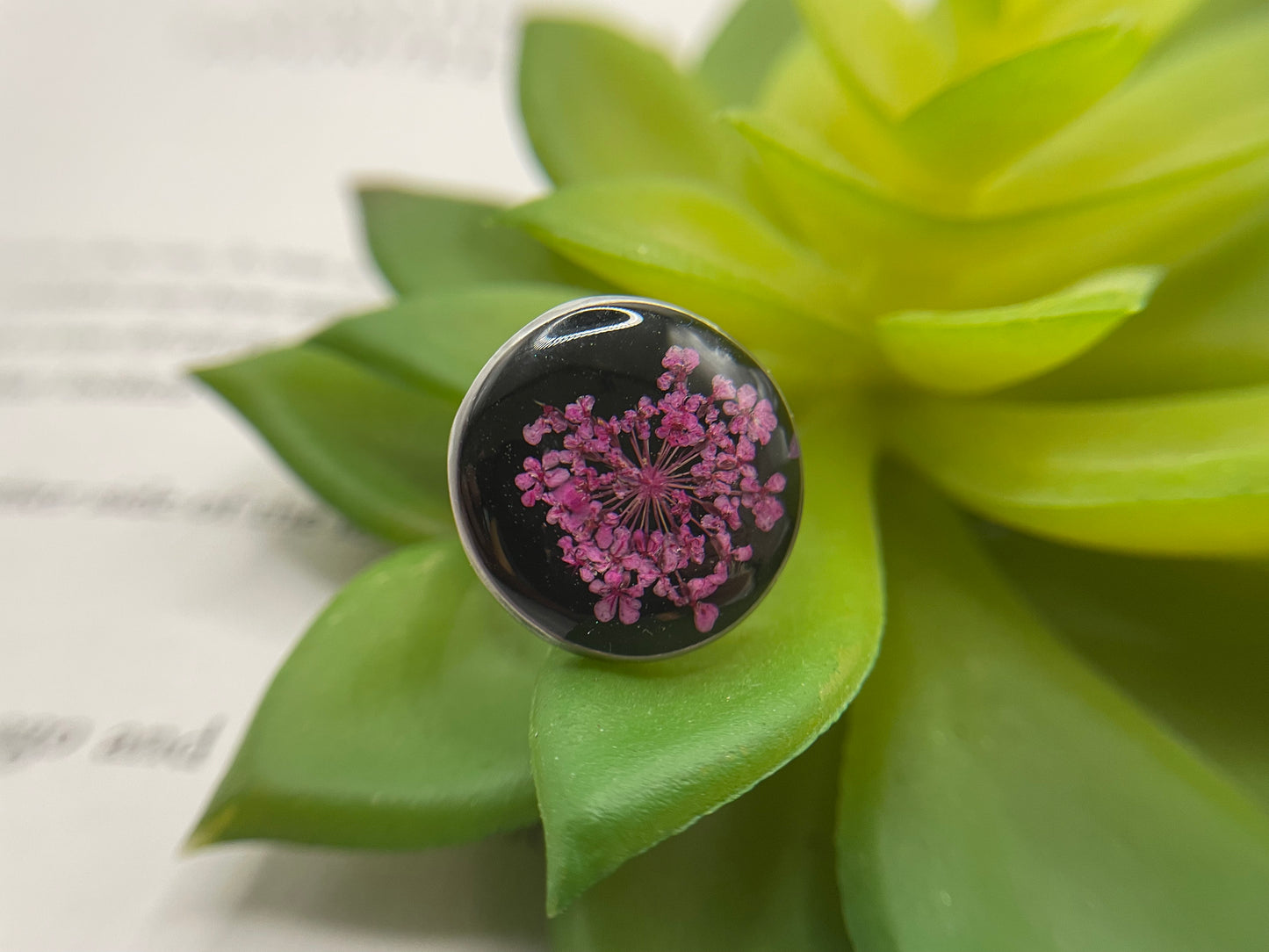 Floral on Black Resin Ring – Stainless Steel (Adjustable)