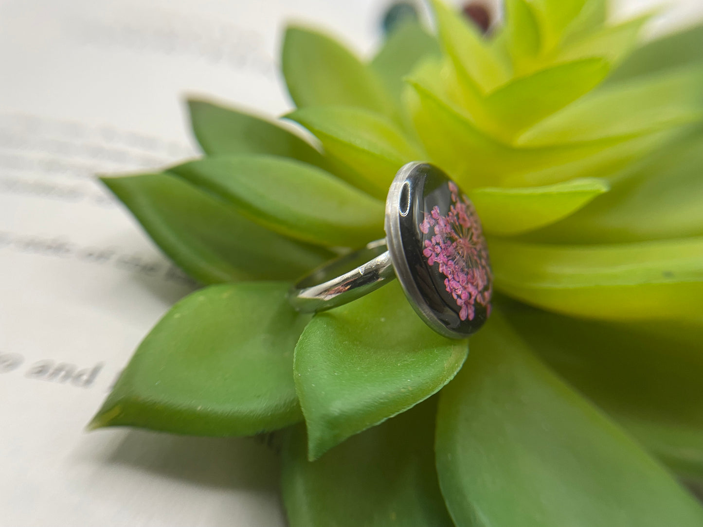 Floral on Black Resin Ring – Stainless Steel (Adjustable)