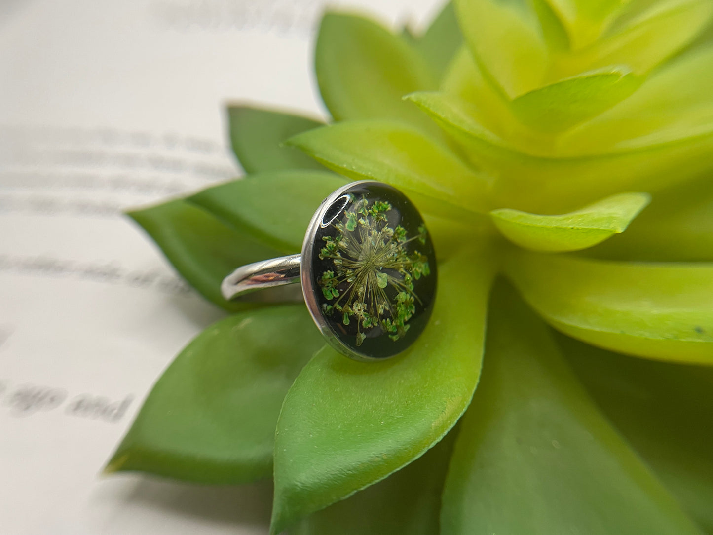 Floral on Black Resin Ring – Stainless Steel (Adjustable)