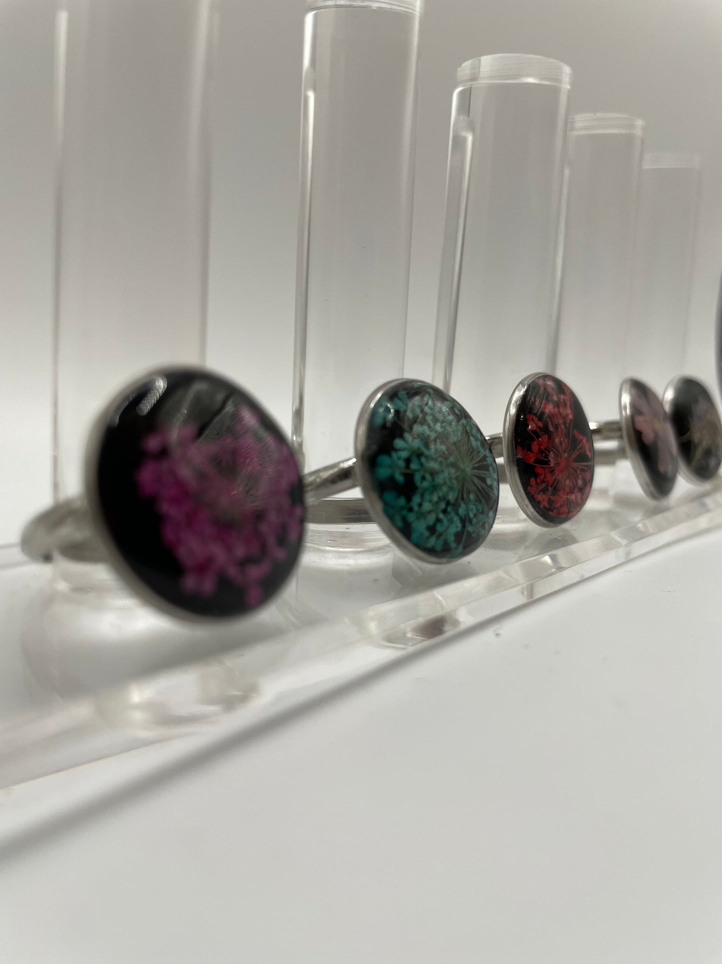 Floral on Black Resin Ring – Stainless Steel (Adjustable)