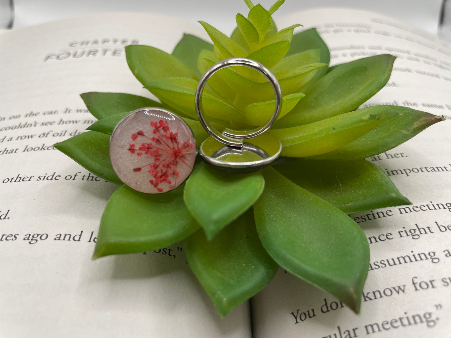 Red Flower on white Ring – Stainless Steel (Adjustable)