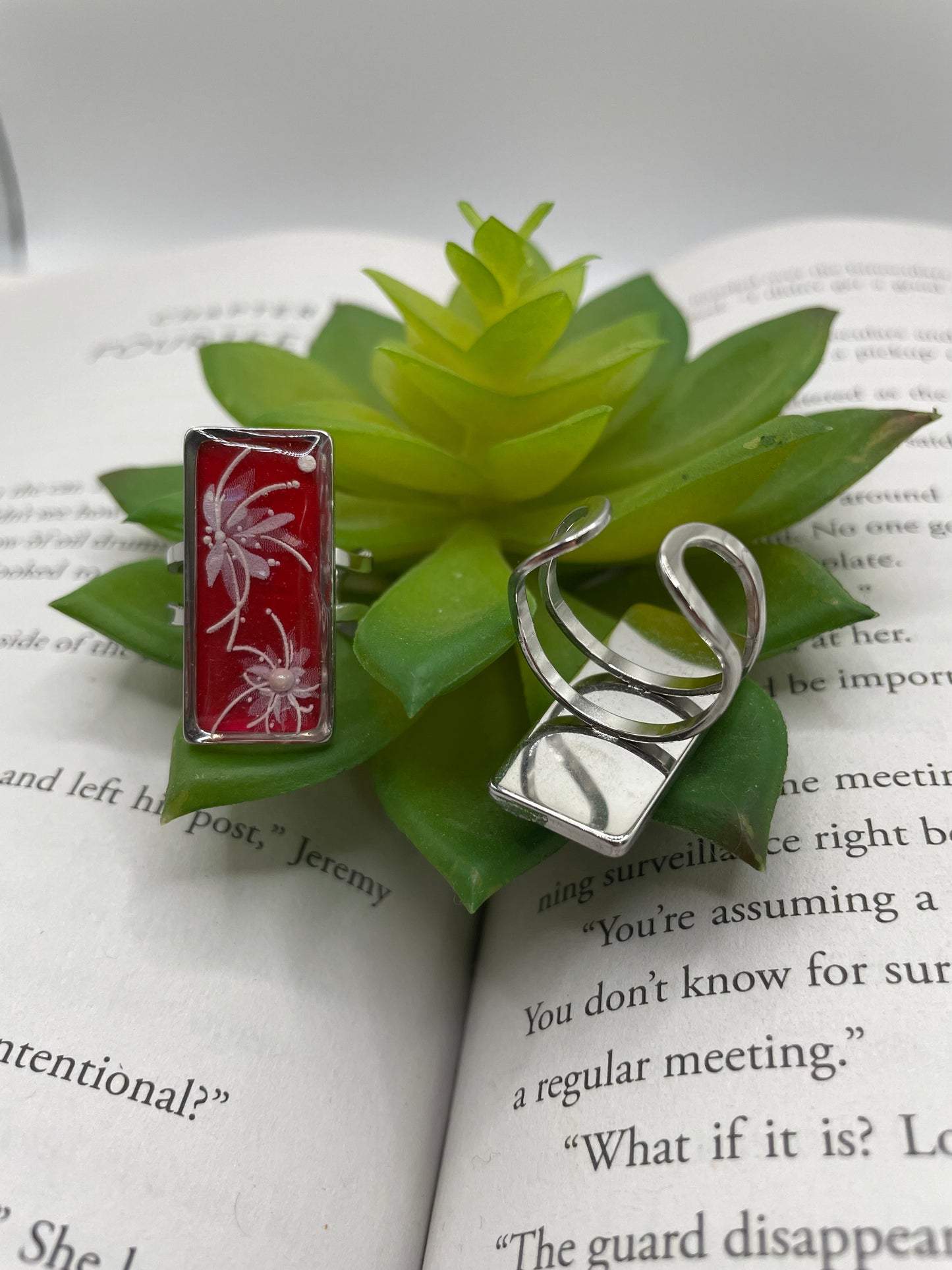 Rectangular Floral Rings – Silver Stainless Steel (Adjustable)