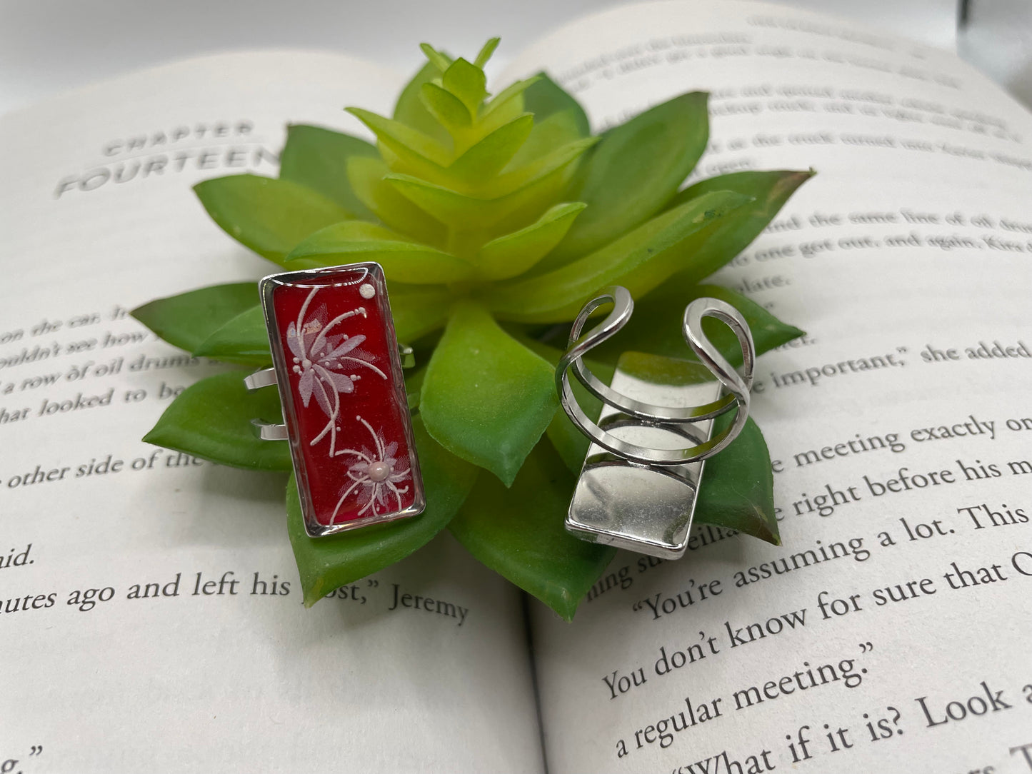 Rectangular Floral Rings – Silver Stainless Steel (Adjustable)