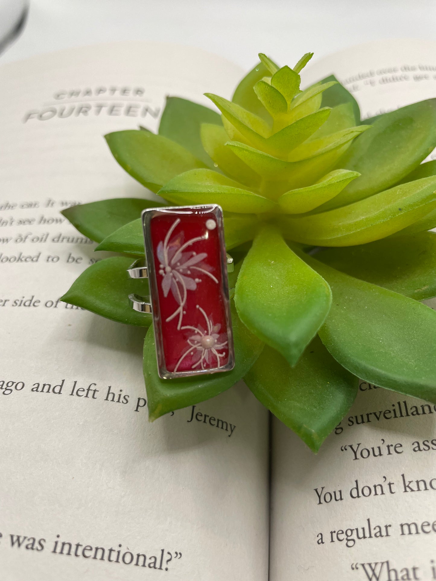 Rectangular Floral Rings – Silver Stainless Steel (Adjustable)