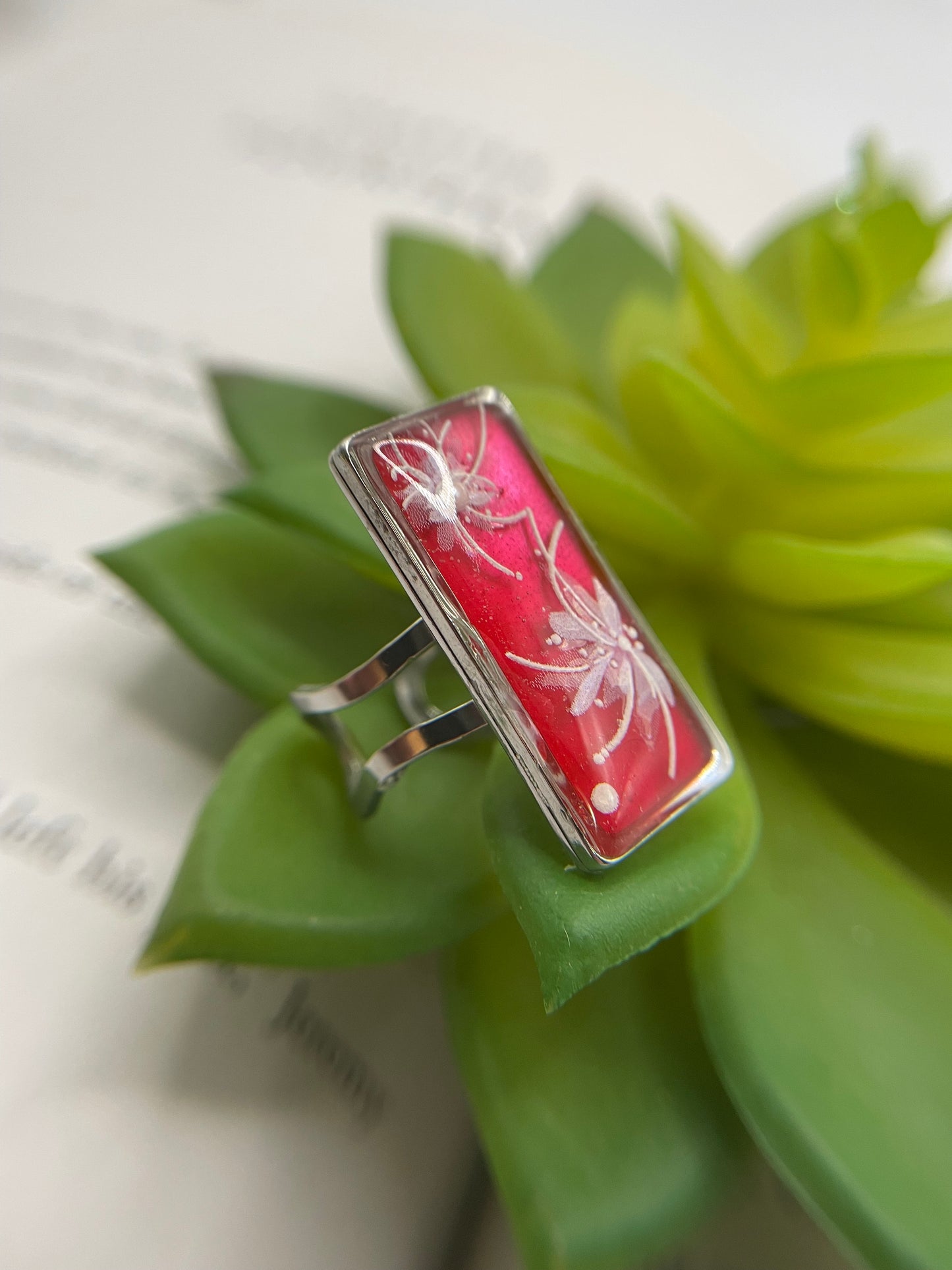 Rectangular Floral Rings – Silver Stainless Steel (Adjustable)