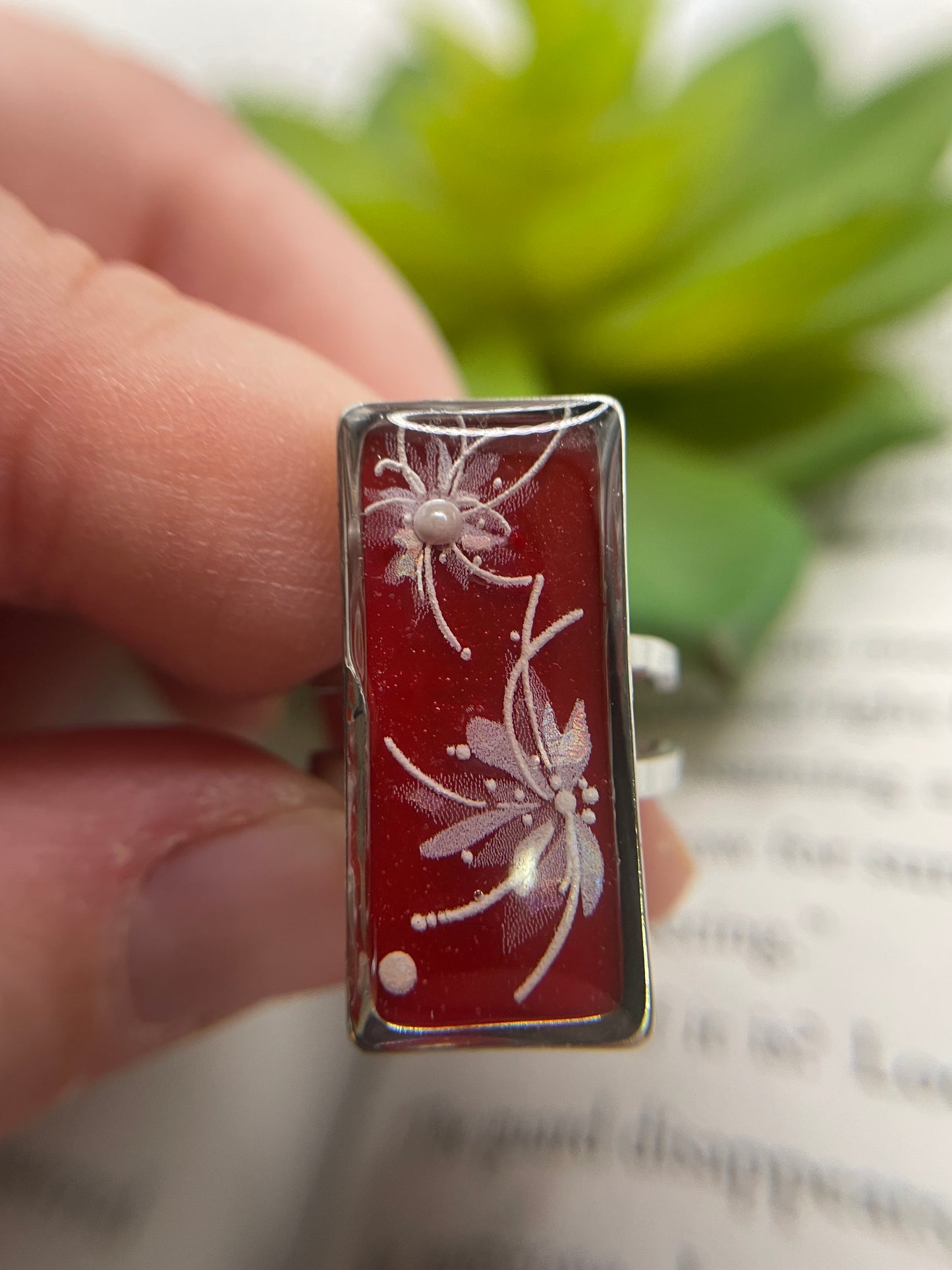 Rectangular Floral Rings – Silver Stainless Steel (Adjustable)