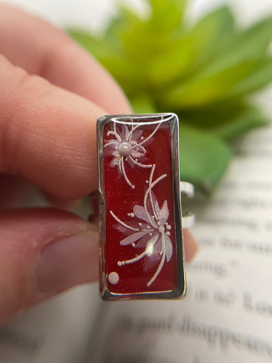 Rectangular Floral Rings – Silver Stainless Steel (Adjustable)