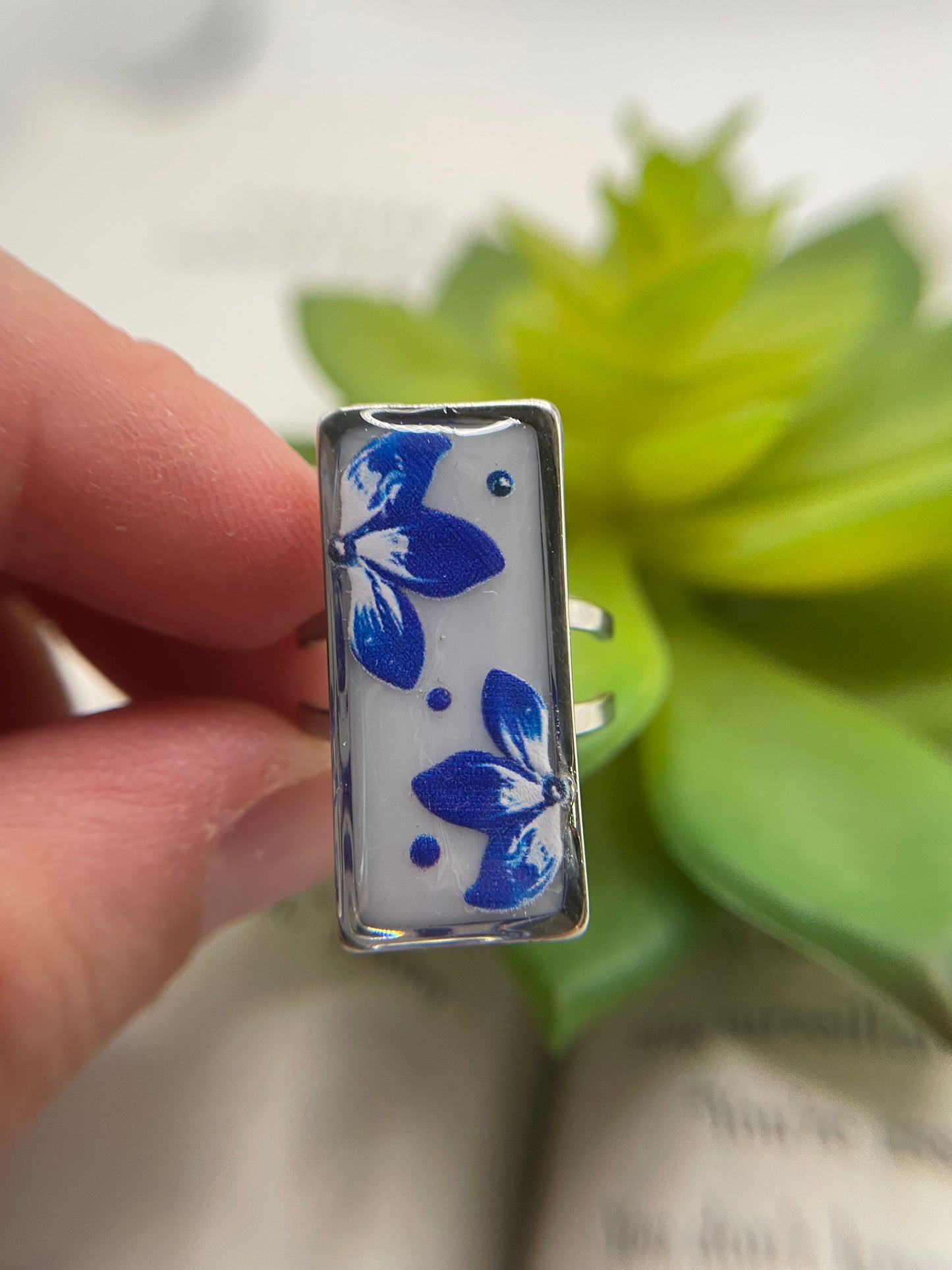 Rectangular Floral Rings – Silver Stainless Steel (Adjustable)
