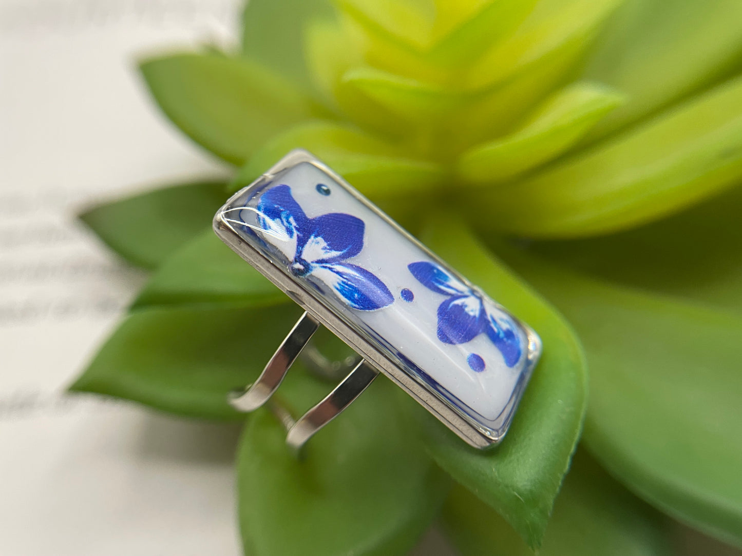 Rectangular Floral Rings – Silver Stainless Steel (Adjustable)