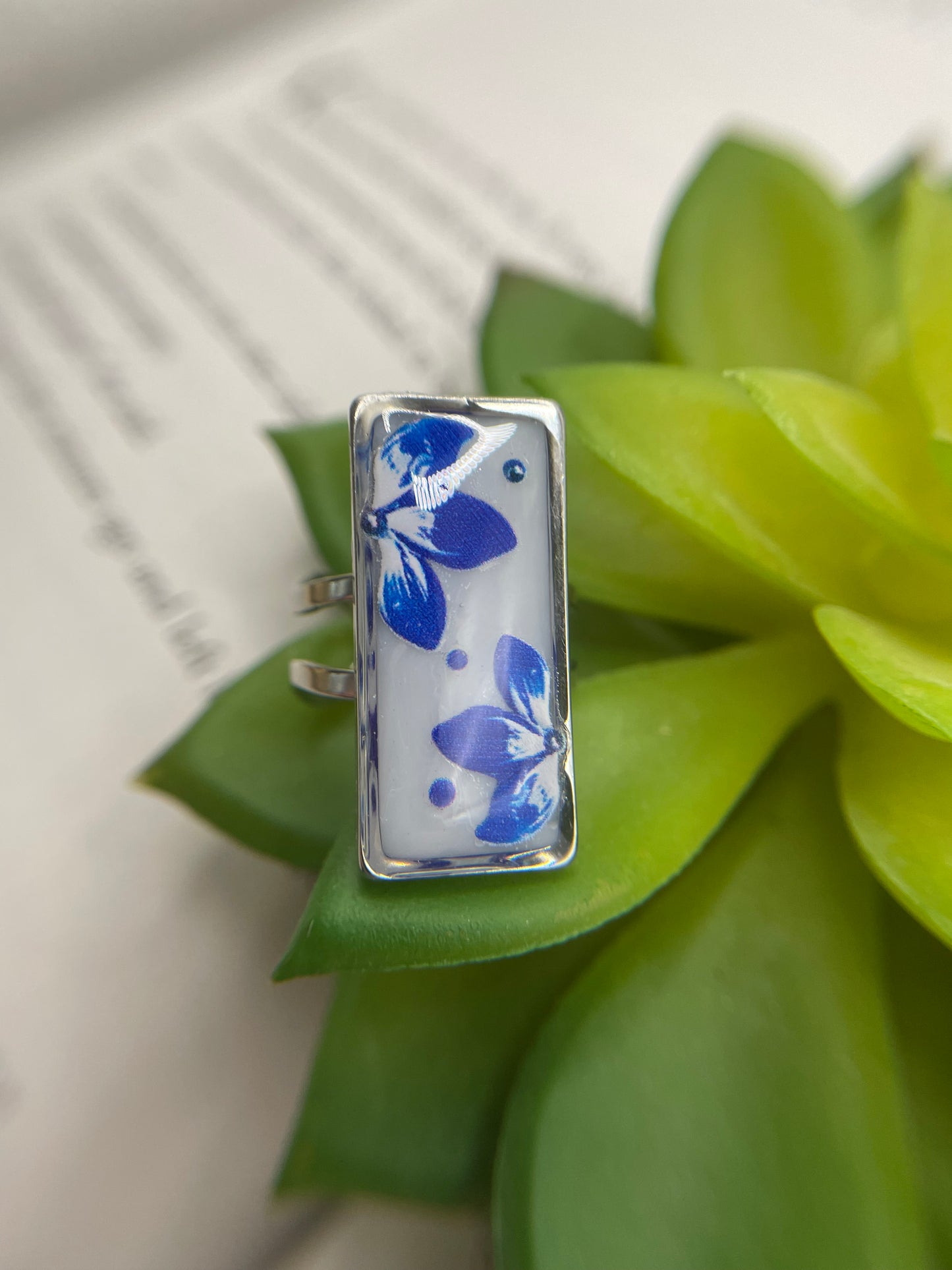 Rectangular Floral Rings – Silver Stainless Steel (Adjustable)