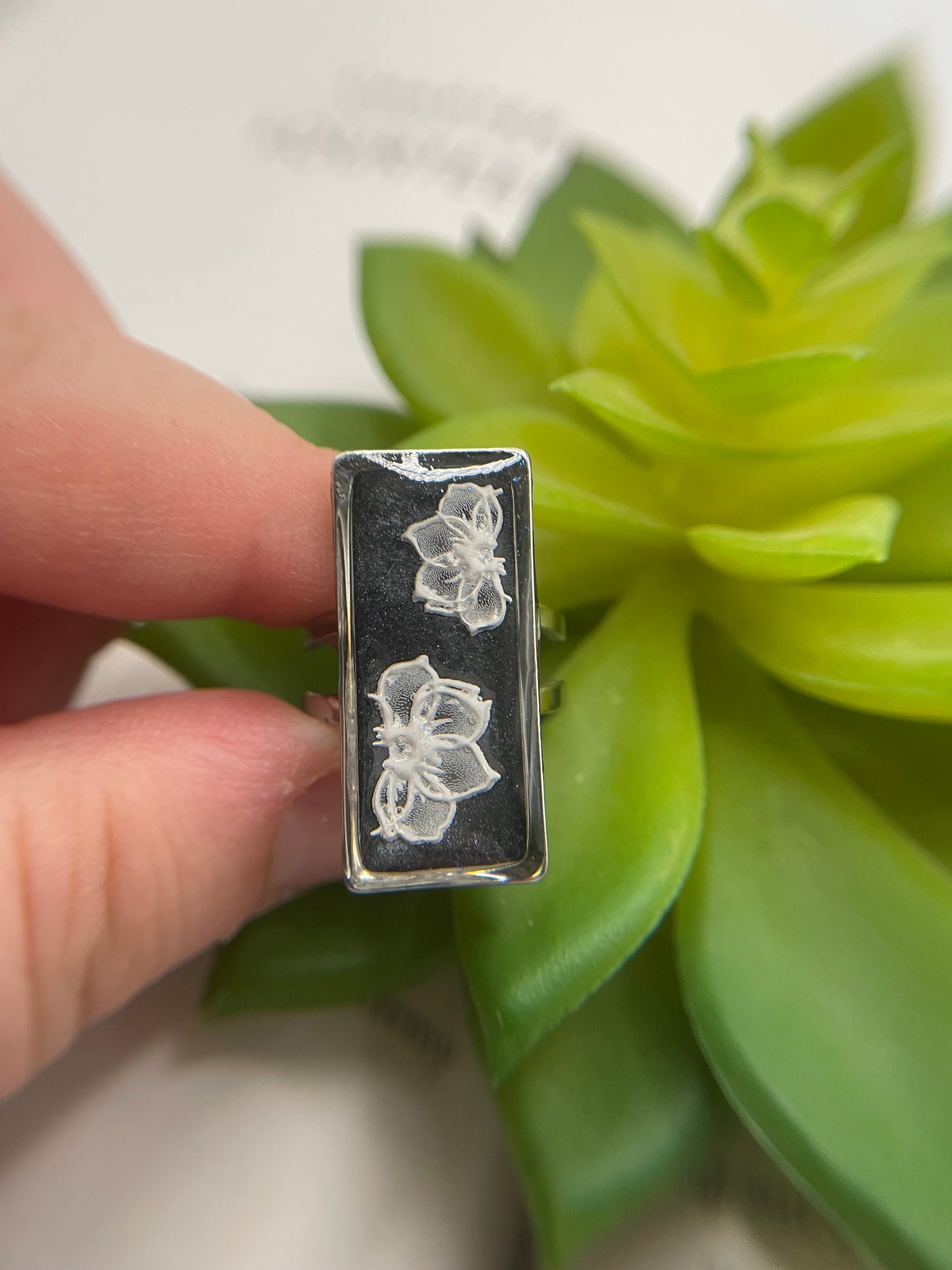Rectangular Floral Rings – Silver Stainless Steel (Adjustable)