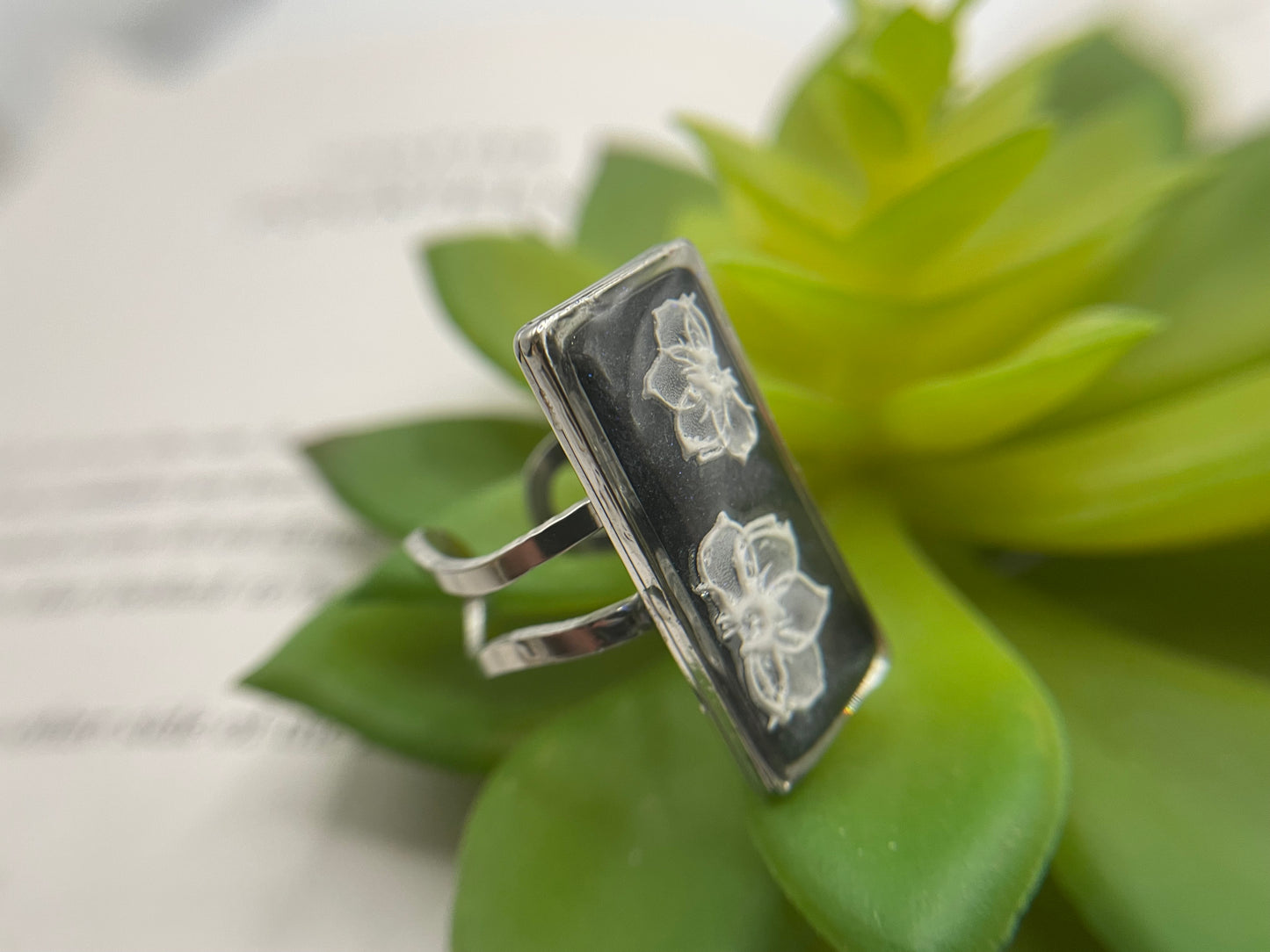 Rectangular Floral Rings – Silver Stainless Steel (Adjustable)
