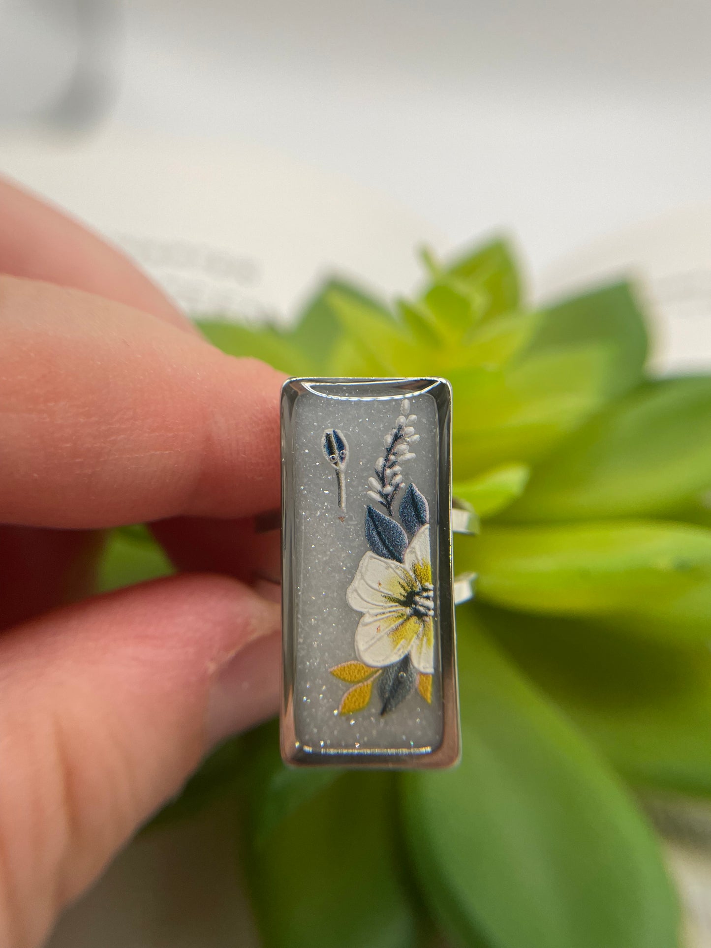 Rectangular Floral Rings – Silver Stainless Steel (Adjustable)