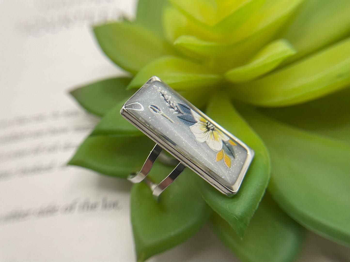 Rectangular Floral Rings – Silver Stainless Steel (Adjustable)