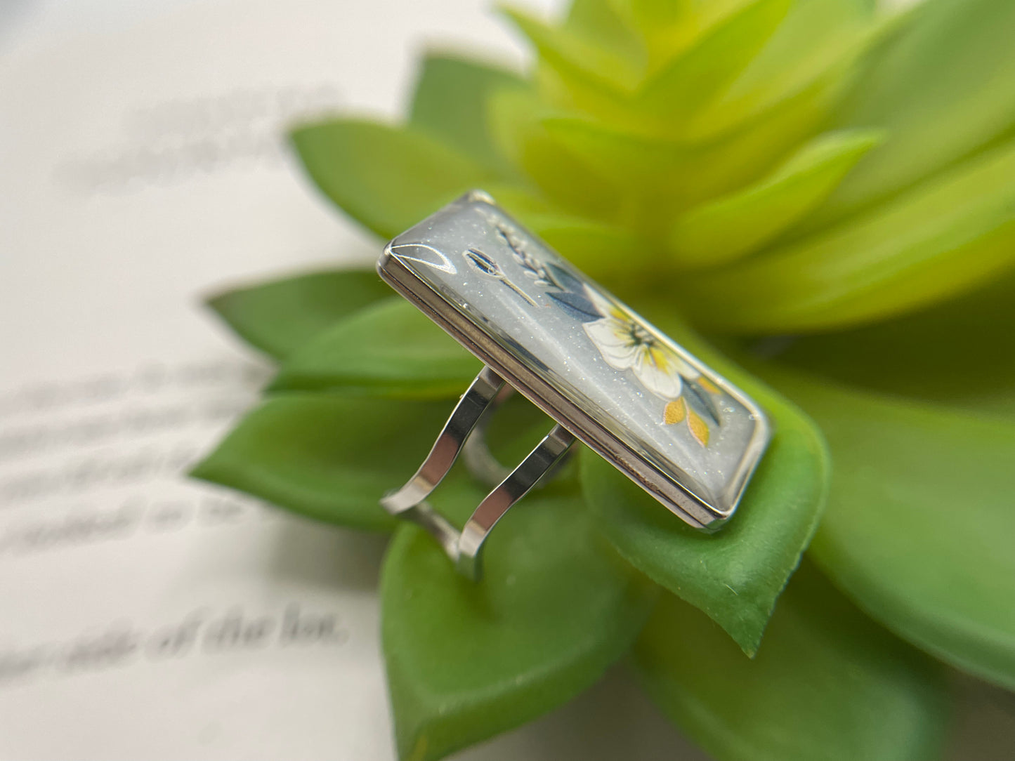Rectangular Floral Rings – Silver Stainless Steel (Adjustable)