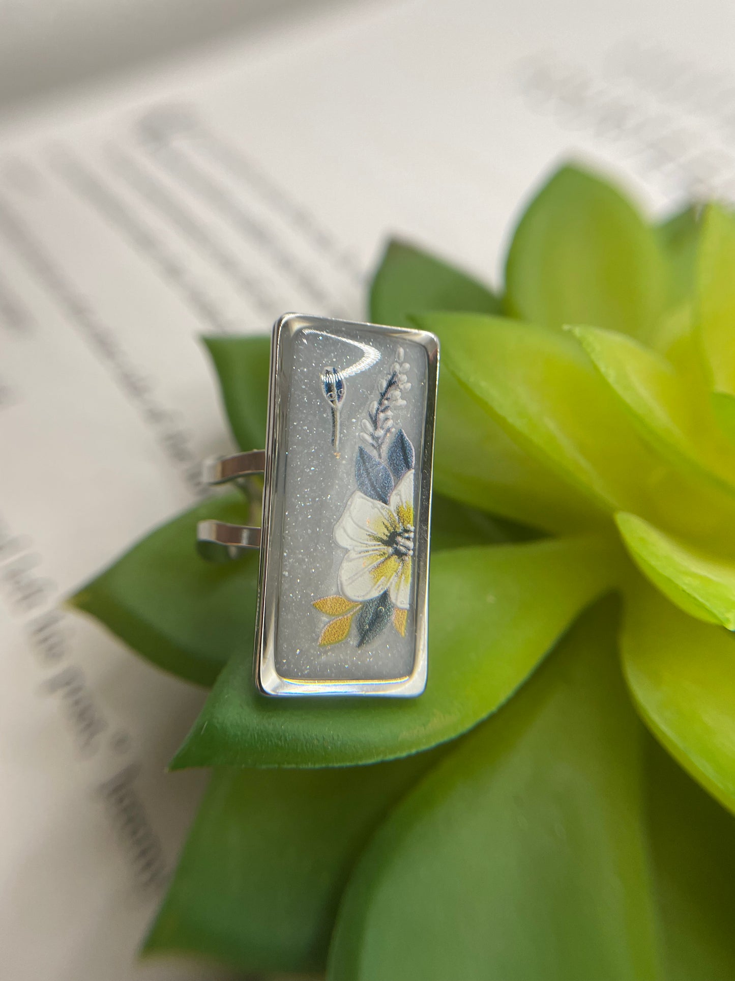 Rectangular Floral Rings – Silver Stainless Steel (Adjustable)