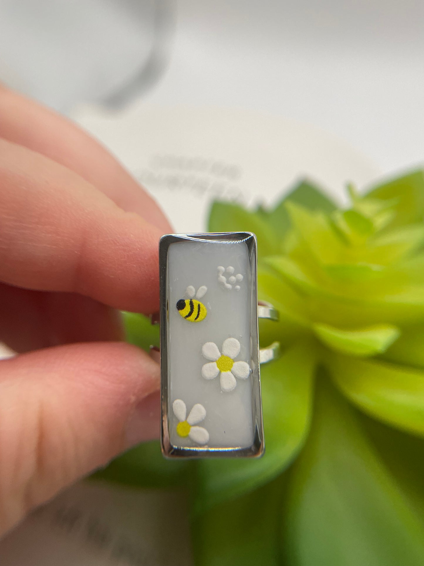 Rectangular Floral Rings – Silver Stainless Steel (Adjustable)