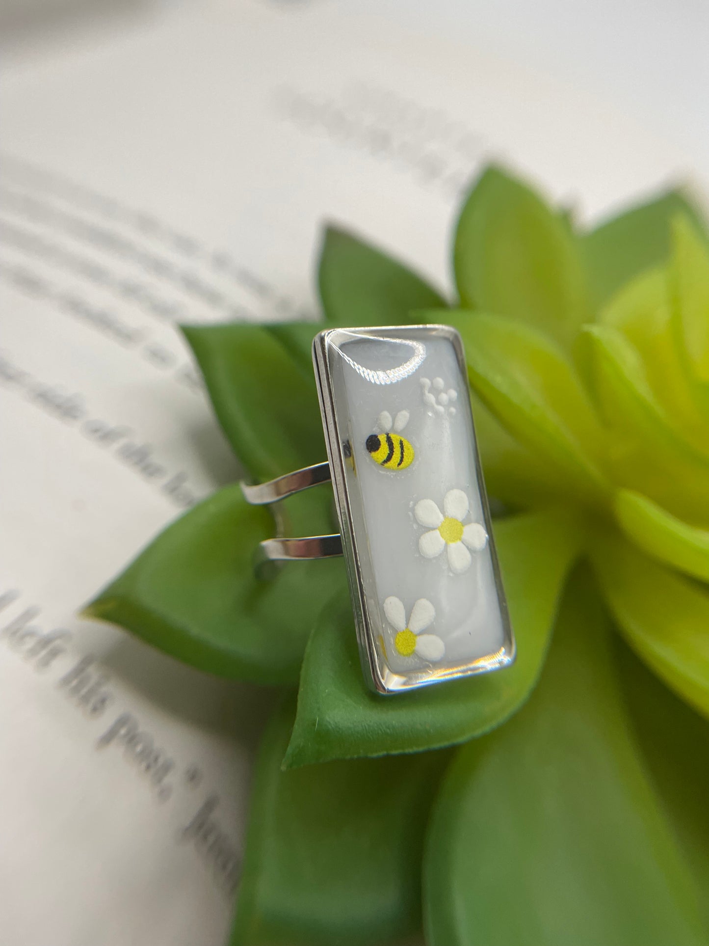 Rectangular Floral Rings – Silver Stainless Steel (Adjustable)