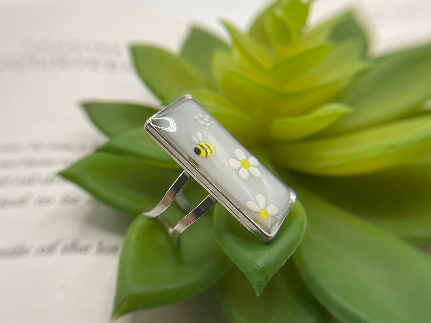 Rectangular Floral Rings – Silver Stainless Steel (Adjustable)