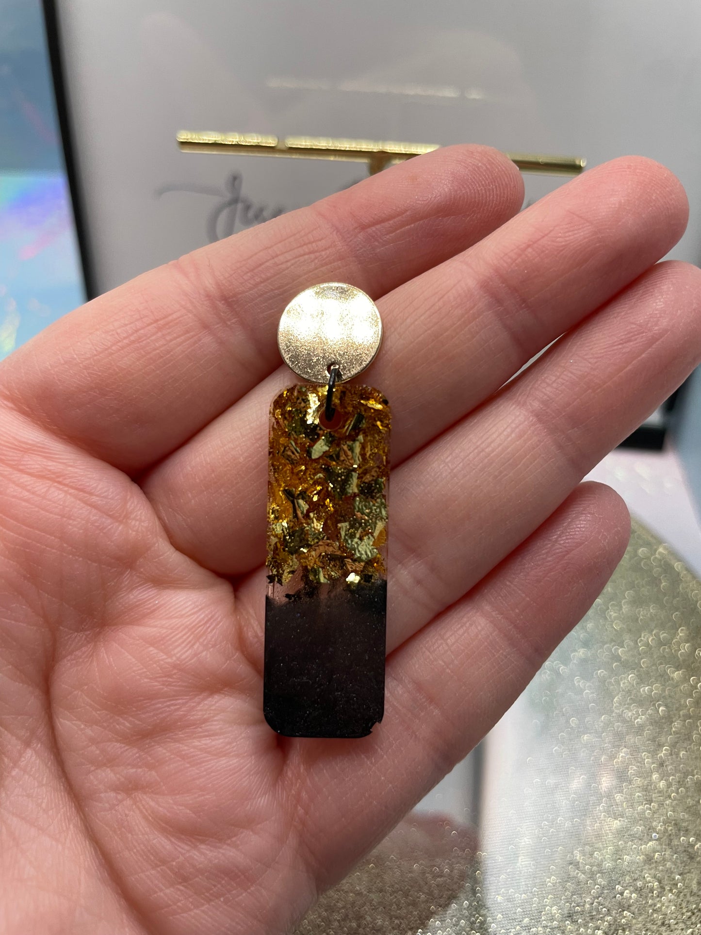 Black And Gold Rectangle Earrings-NICKEL FREE
