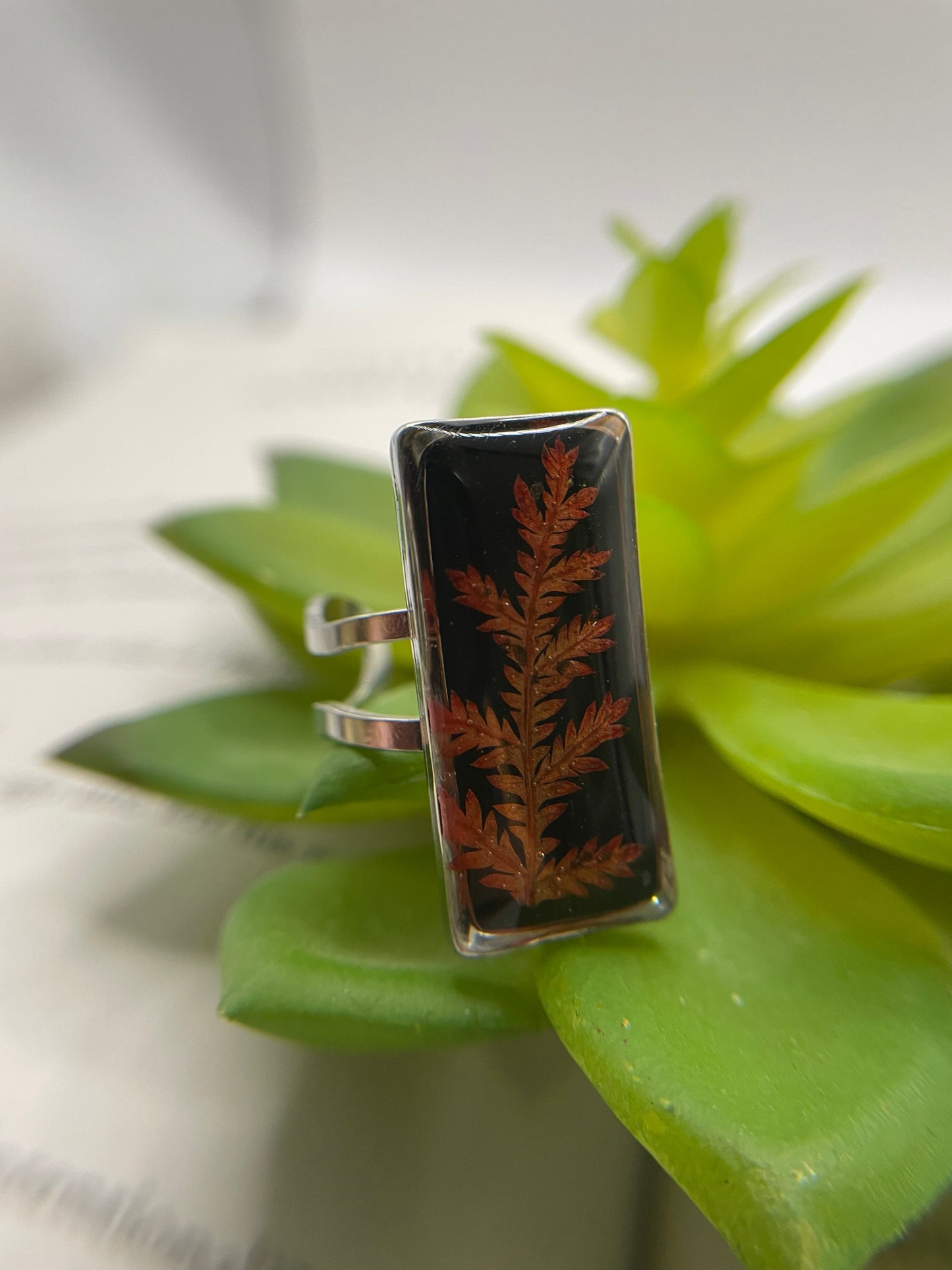 Rectangular Floral Resin Rings – Stainless Steel & Real Flowers