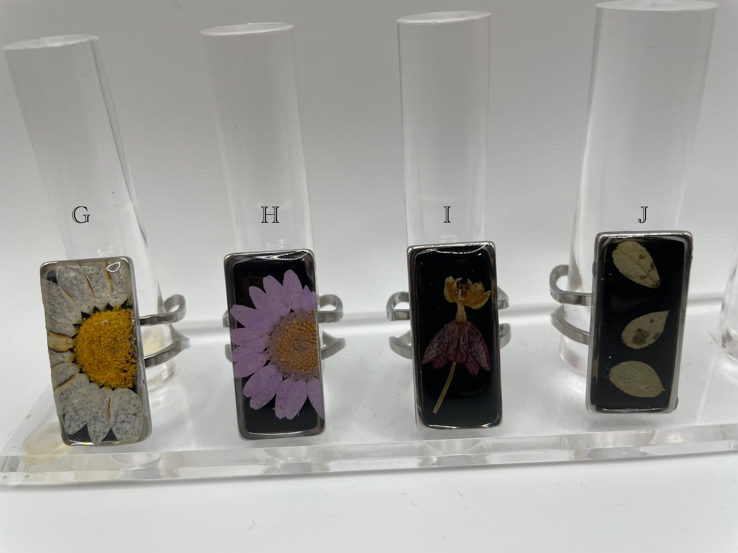 Rectangular Floral Resin Rings – Stainless Steel & Real Flowers