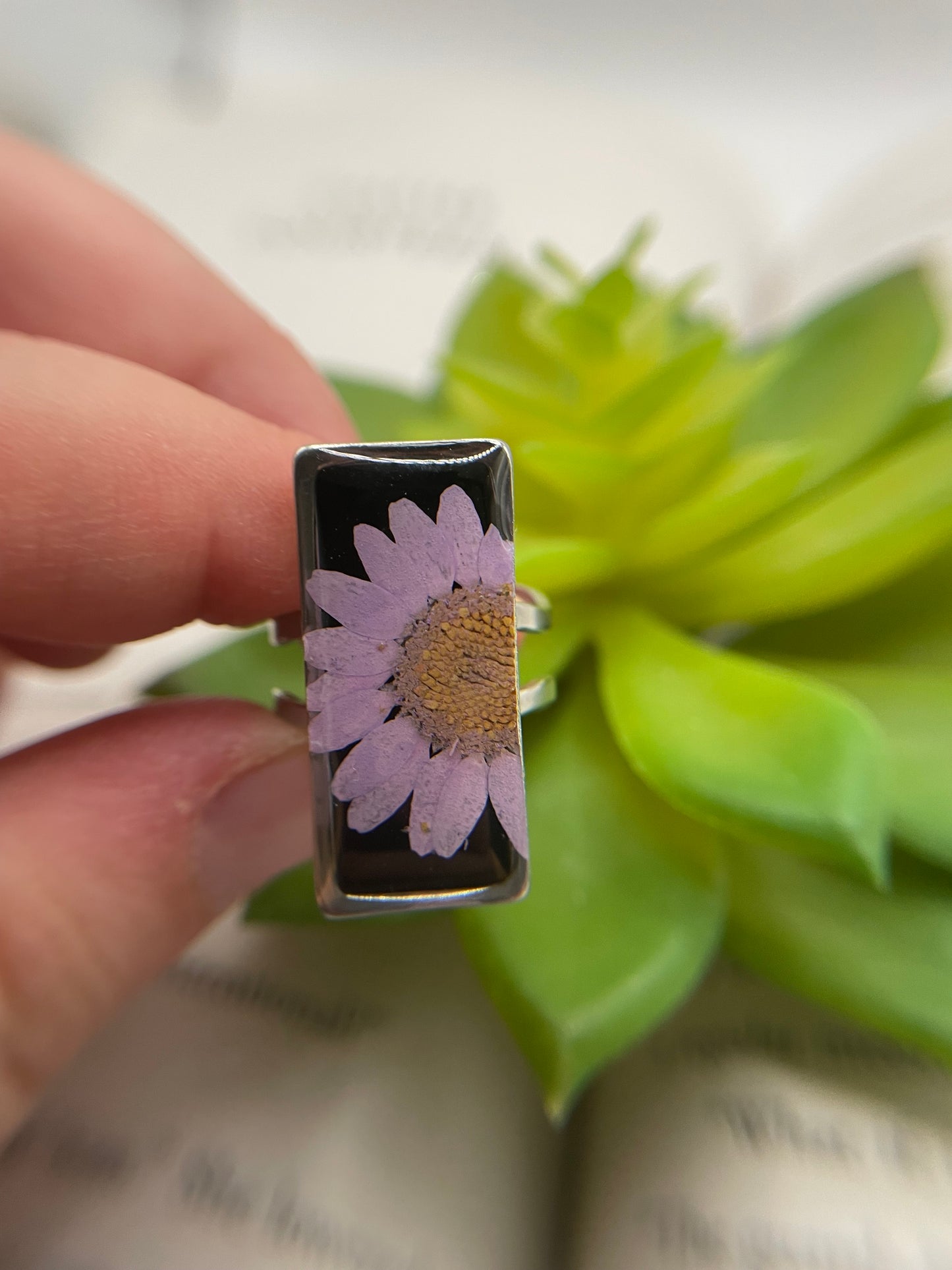 Rectangular Floral Resin Rings – Stainless Steel & Real Flowers