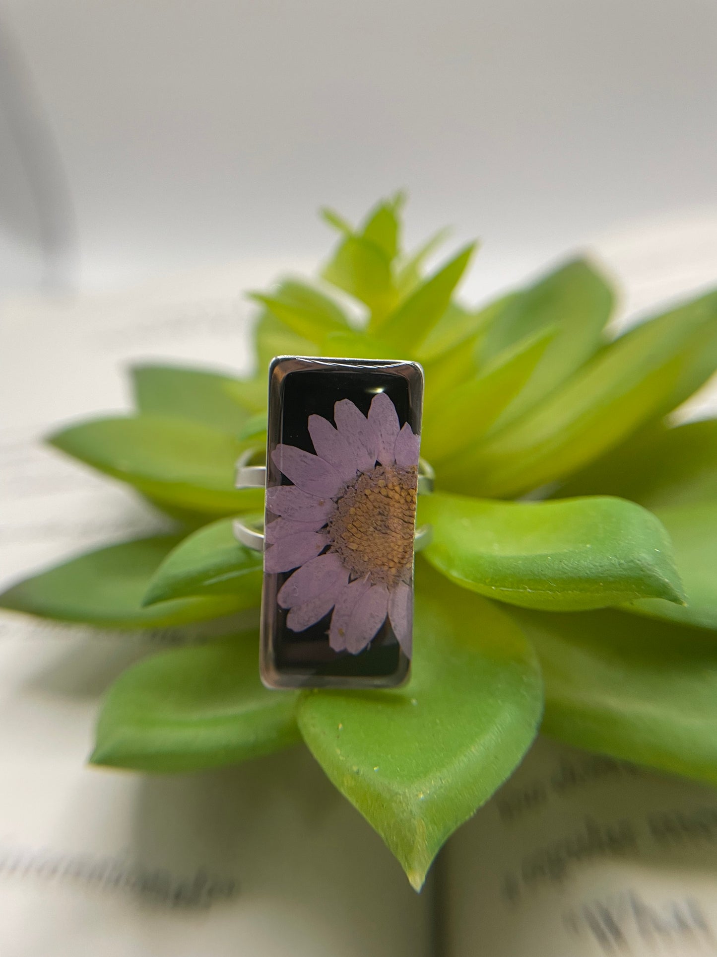 Rectangular Floral Resin Rings – Stainless Steel & Real Flowers