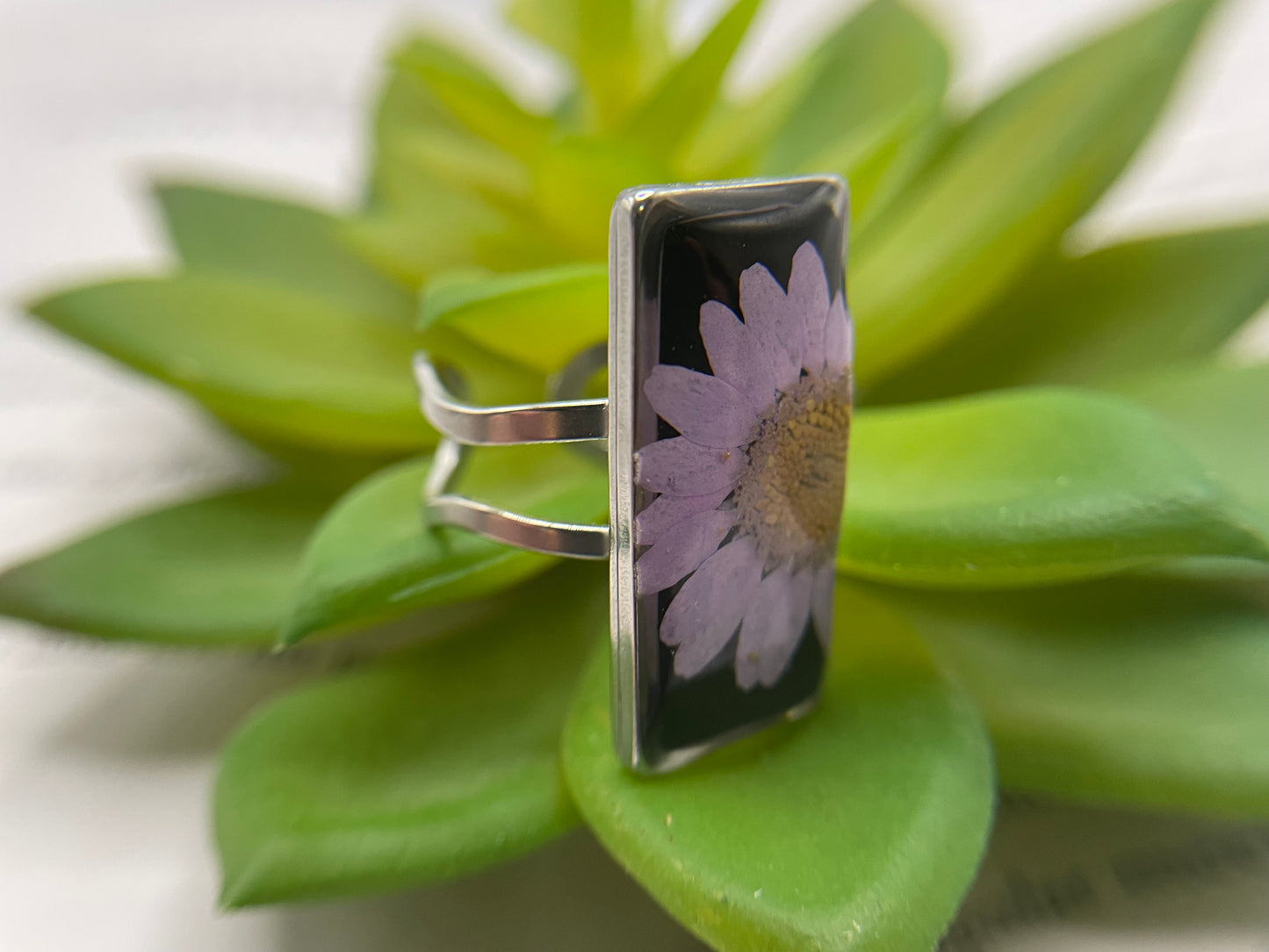 Rectangular Floral Resin Rings – Stainless Steel & Real Flowers