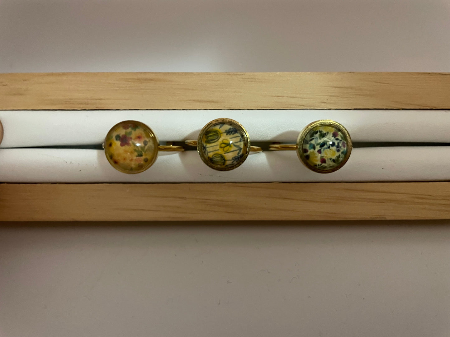 Adjustable Gold Floral Rings – Stainless Steel & Glass Cabochon