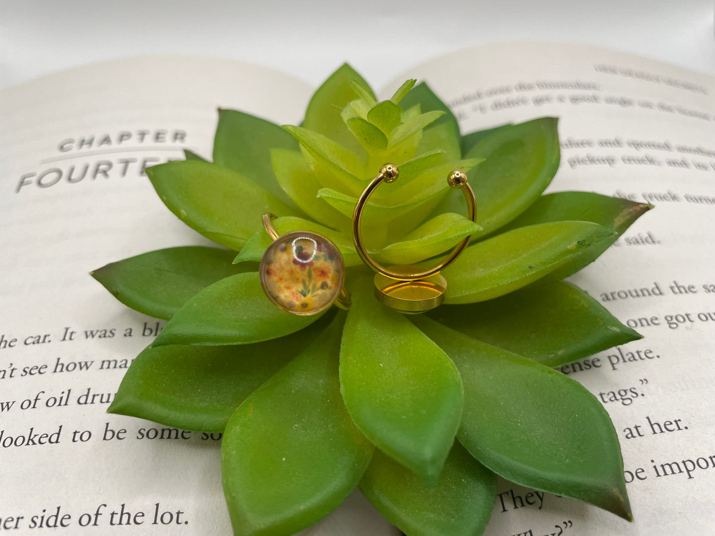 Adjustable Gold Floral Rings – Stainless Steel & Glass Cabochon