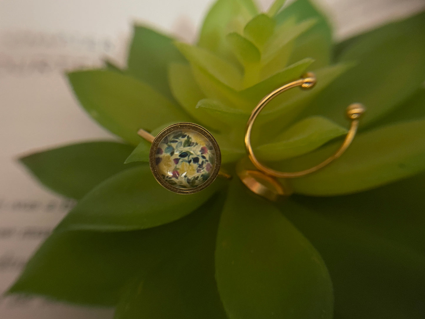 Adjustable Gold Floral Rings – Stainless Steel & Glass Cabochon