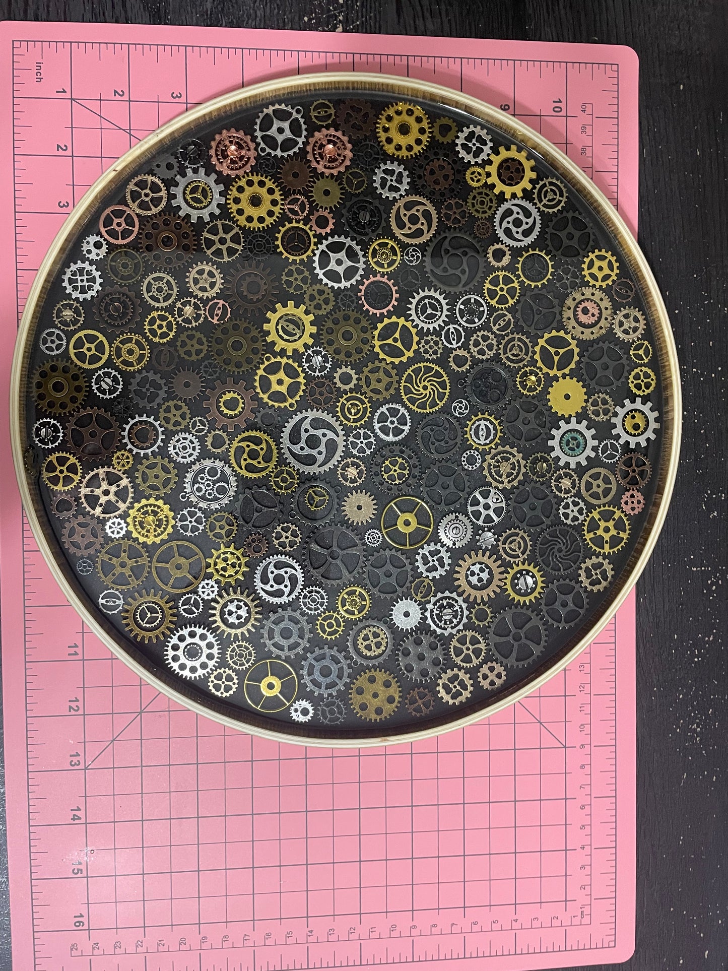 Large Steampunk Gear Round Tray – Resin and Wood