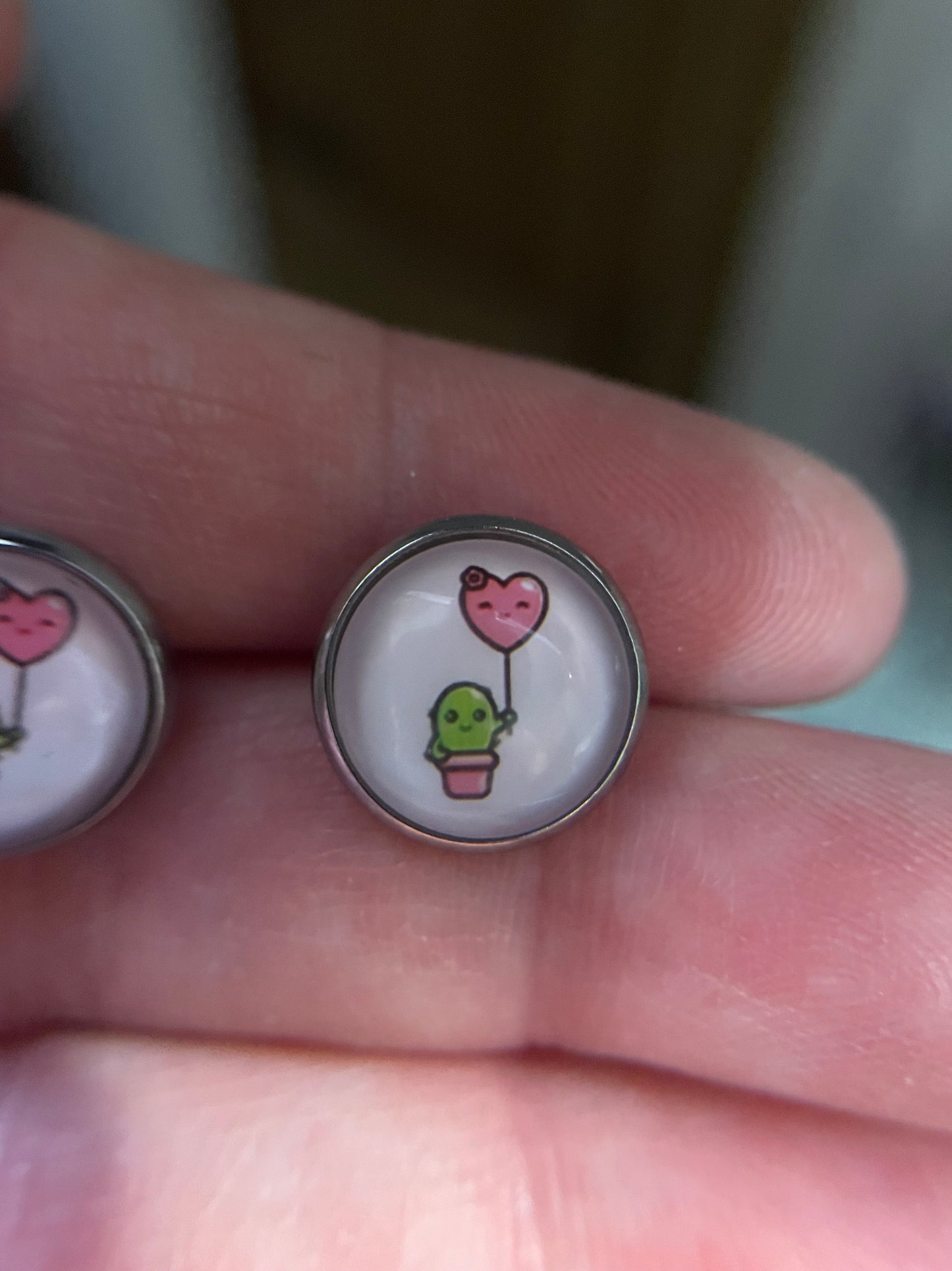 Cactus with Heart Balloon Stud Earrings – Stainless Steel+Nickel Free