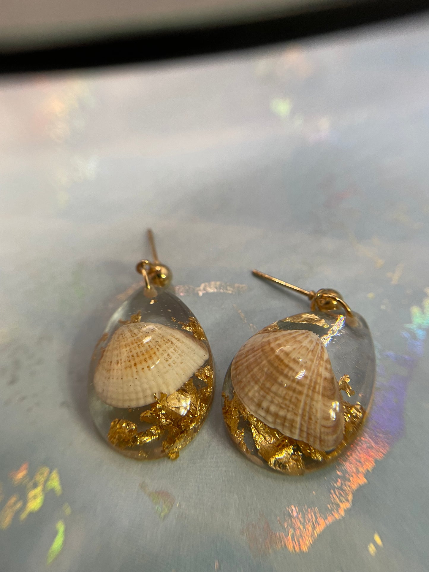 Shell And Gold Resin Teardrop Earrings