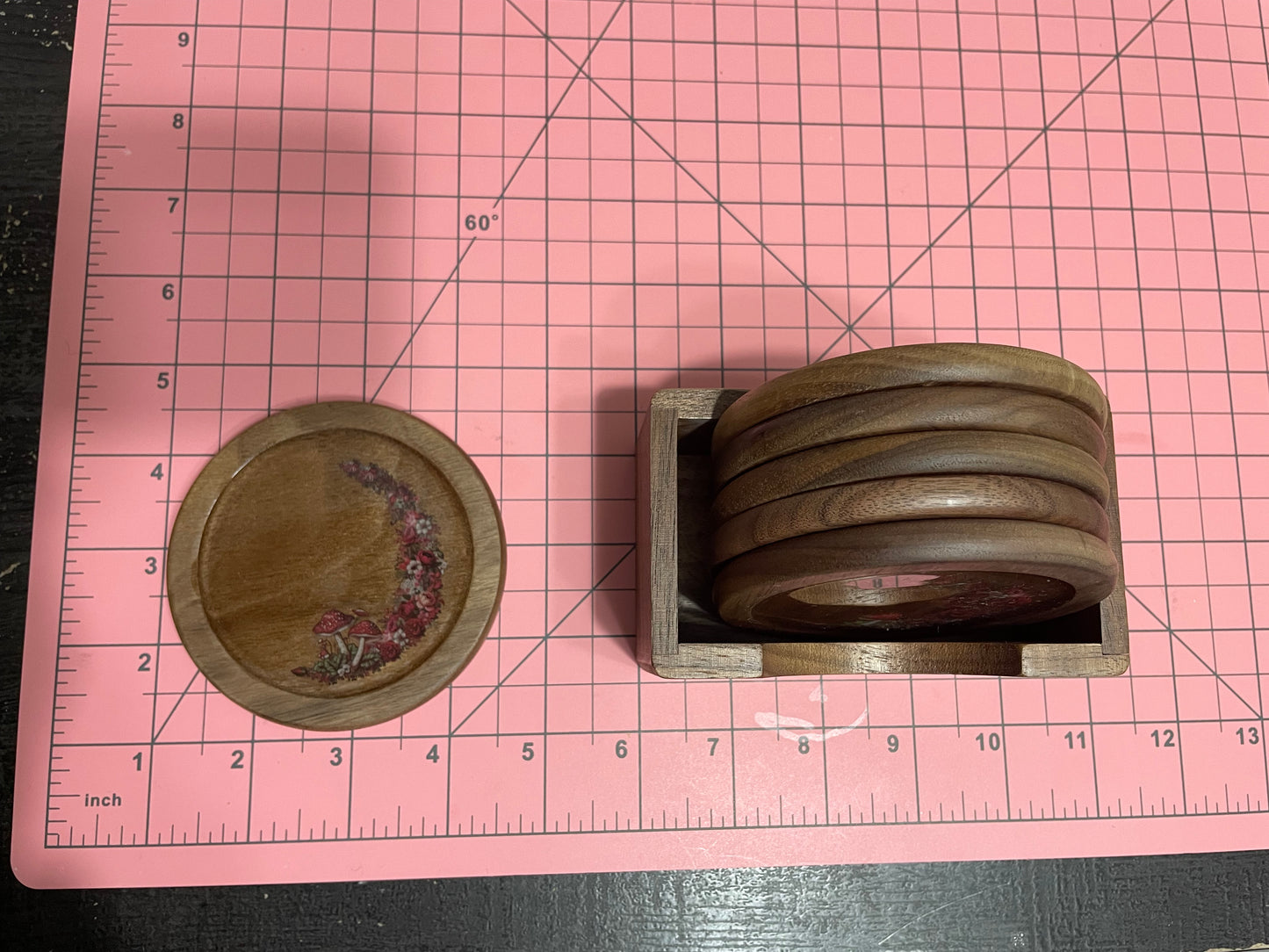 Red mushroom walnut coaster set + holder