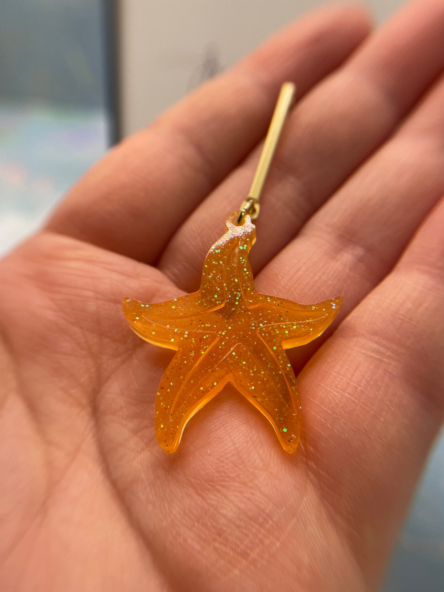 Sparkly Orange Starfish Dangle Earrings-Stainless Steel