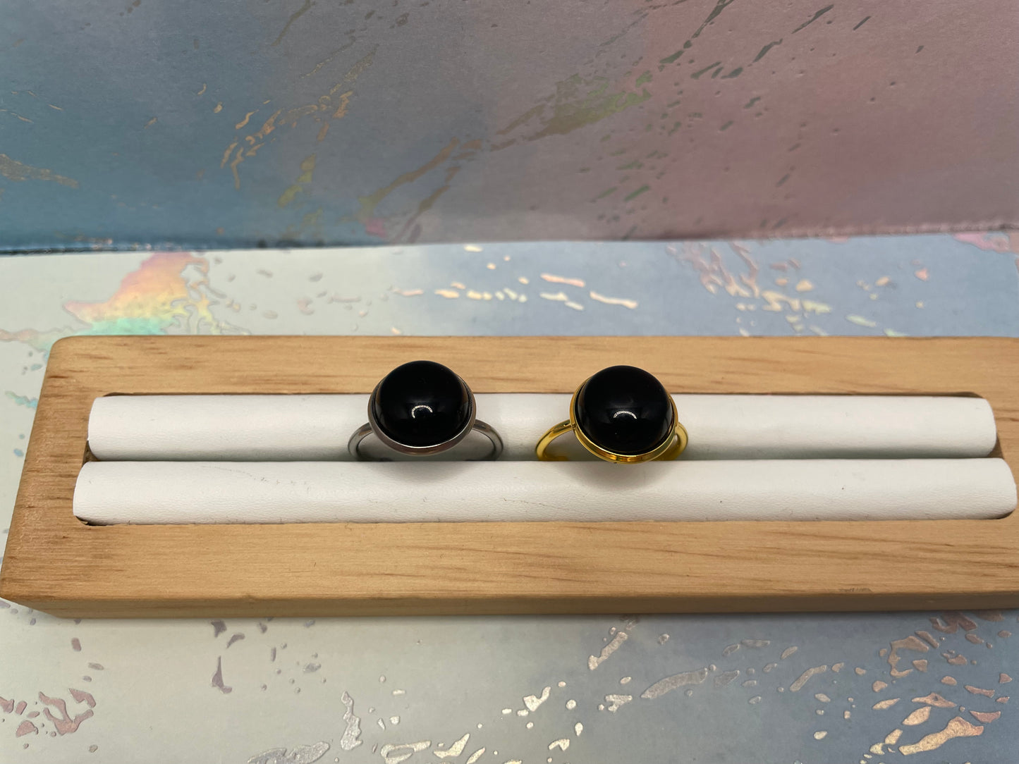 Onyx Cabochon Adjustable Ring – Stainless Steel