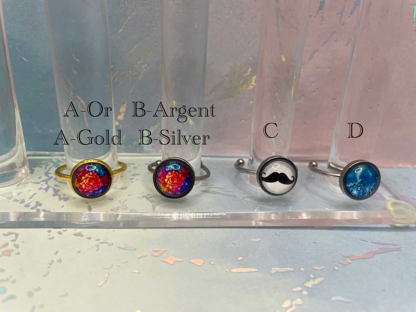 Glass Cabochon Adjustable Rings -Stainless Steel