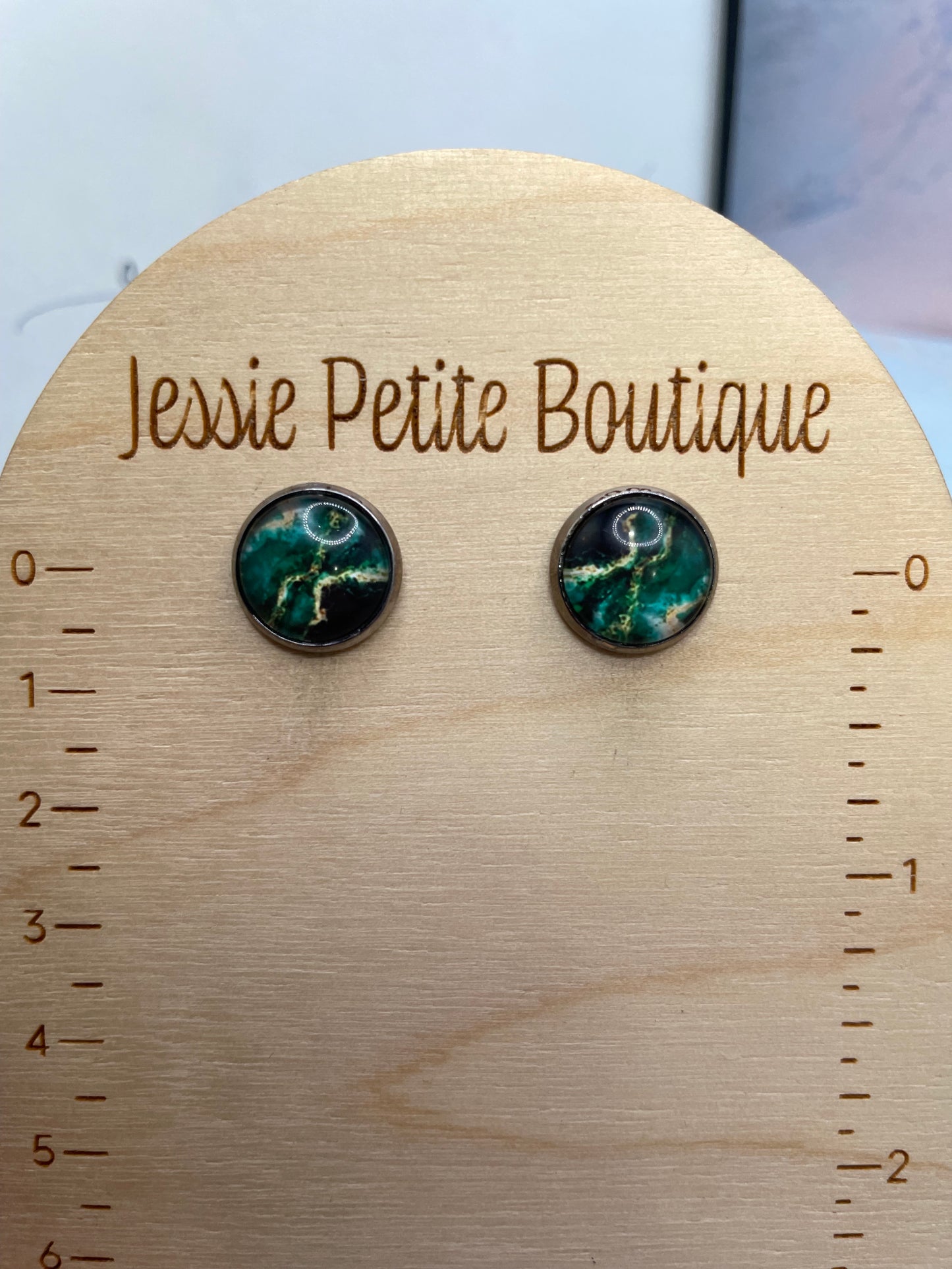 Green Marble Glass Cabochon Stud Earrings