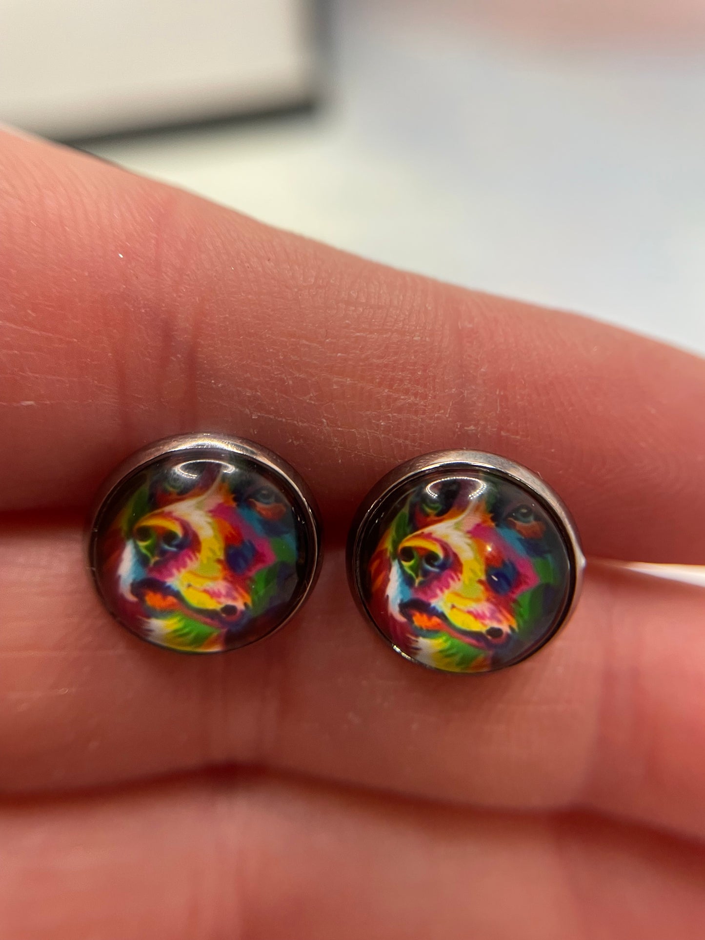 Colourful Dog Cabochon Stud Earrings-Stainless Steel+Nickel Free