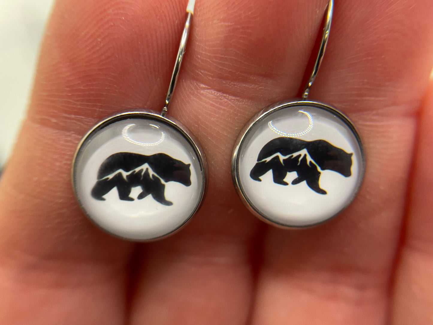 Bear & Mountain Cabochon Leverback Earrings-Stainless Steel+Nickel Free